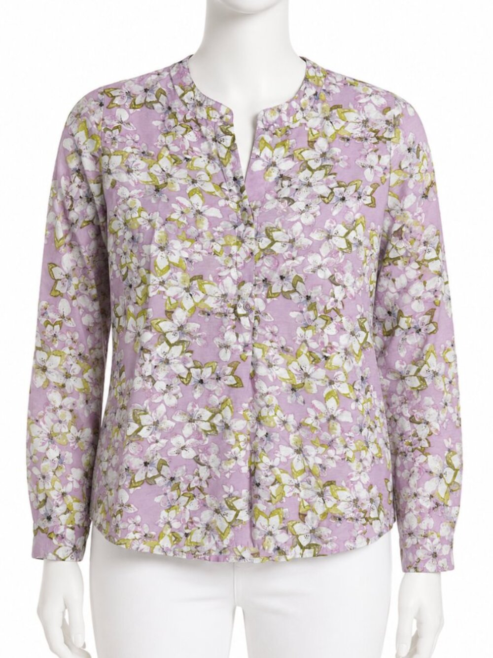 Van Heusen Blouse Size M Pink Green Floral Long Sleeves Cottage Prairie Pastel